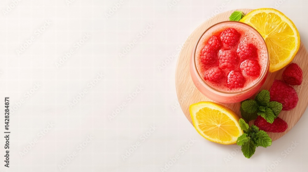 Poster a refreshing glass of raspberry and lemon smoothie served on a bright background with garnish