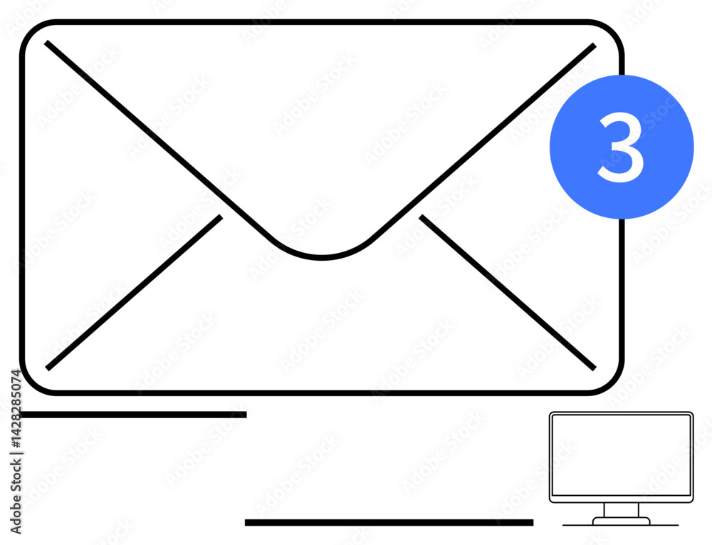 Poster envelope with unread email count in a blue badge, accompanied by a minimal desktop computer line dra