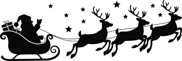 Santa Claus Waving from Sleigh Pulled by Reindeer – Elegant Black Silhouette Vector for Christmas Decor, Holiday Crafts, and Winter Poster Designs
