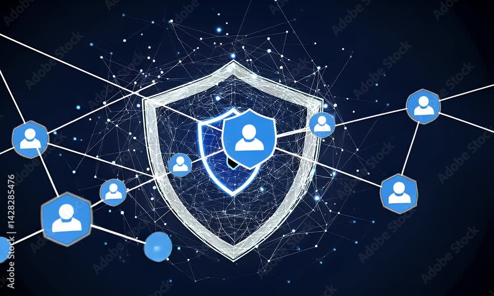 Aufkleber abstract shield with a keyhole symbol and digital network connections on a dark blue background, rep