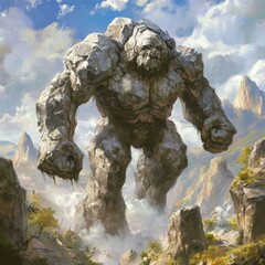 Gigantic stone creature standing in mountainous landscape