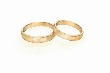 Elegant depiction of gold wedding bands - symbolic tokens of love and commitment in a serene watercolor painting