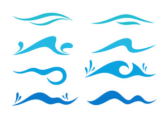 Collection of isolated stylized cartoon blue sea waves, splashes, vector illustration, flat design. Decorative current element, icon, water symbol for decoration, design, label. Icon Set