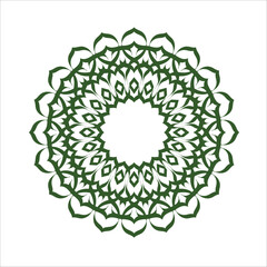 An intricately designed green mandala with repeating floral patterns set against a white background, ideal for decoration, design, and artistic concepts.