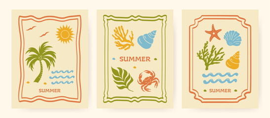 Vector hand-drawn set of summer or beach-themed posters and cards. Features abstract modern designs with palm trees, the sun, seashells, a crab, coral, and ocean waves. Retro travel-inspired graphics.