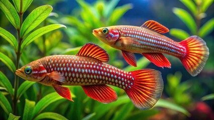 Fototapeta premium Panoramic Aquarium: Red-Striped Killifish (Aphyosemion striatum) Male & Female - Tropical Fish Photography