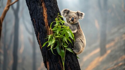 Animal Conservation Nature Wildfires Concept, A koala clings to a tree, surrounded by a misty forest atmosphere.