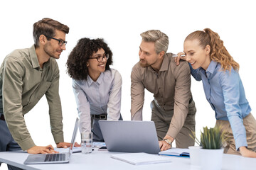 Business team discussing together business plans on a transparent background