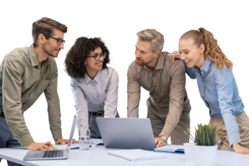 Business team discussing together business plans on a transparent background