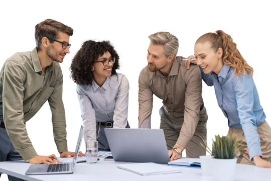 Business team discussing together business plans on a transparent background