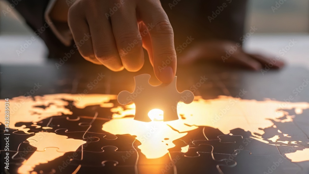 Poster a hand placing a puzzle piece onto a glowing world map, symbolizing problem-solving and global conne