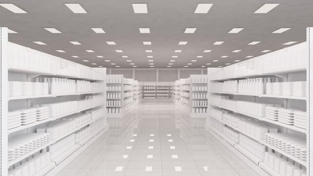 Moving through the aisle of a white supermarket interior mockup, with shelves and aisles fully stocked with products. 3D animation