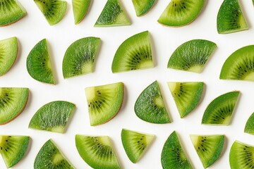 Fresh kiwi slices arranged on white background