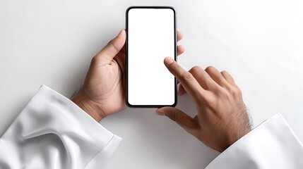 Hands of Arabian Man with White Saudi Dress is Using and Touching Smartphone with White Blank Screen Mockup : Suitable for Be Used in Content Related to Technology Theme.