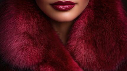 Close-up of a woman’s lips and luxurious fur collar in deep burgundy tones, conveying elegance and sophistication in fashion aesthetics.