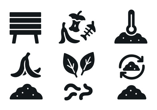 Eco composting solid icons set &ndash; filled style recycling, sustainability, and zero waste symbols: bin, compost, thermometer, leaves, banana peel, fishbone, worms, cycle.