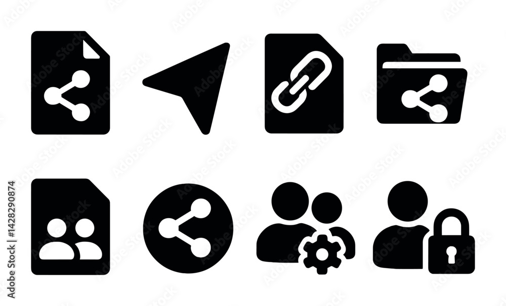Poster file sharing and communication icons set – solid style network, connectivity, and collaboration symb