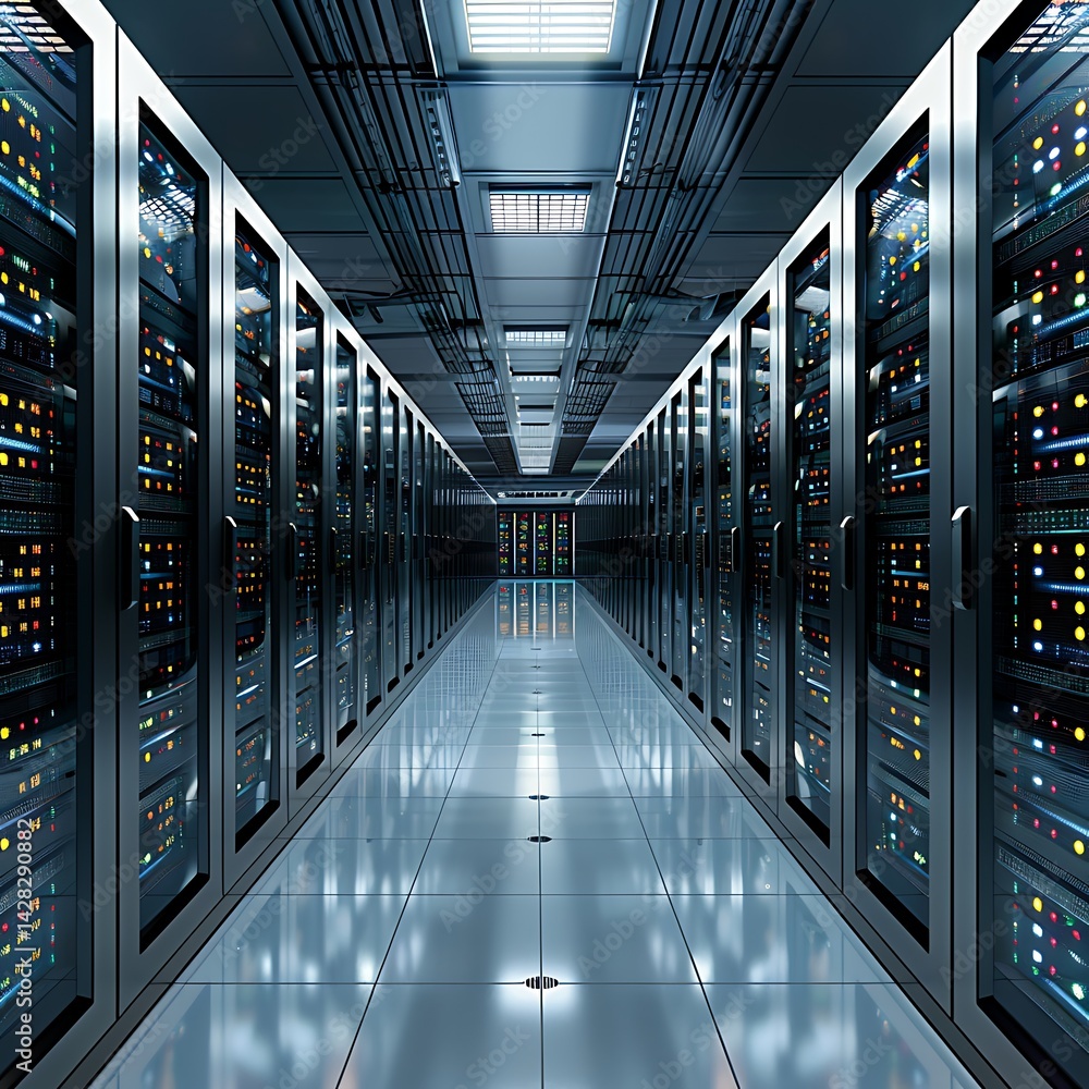 Poster data center server room corridor. racks filled with network servers in modern it infrastructure faci