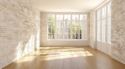 Bright, empty room with large windows and wooden flooring, ideal for interior design.