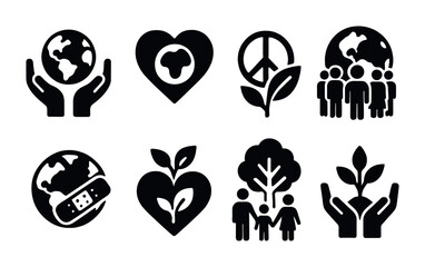 Eco-friendly icons set – solid style environment, conservation, and sustainability symbols: earth, heart, peace, community, nature, family, growth, hands