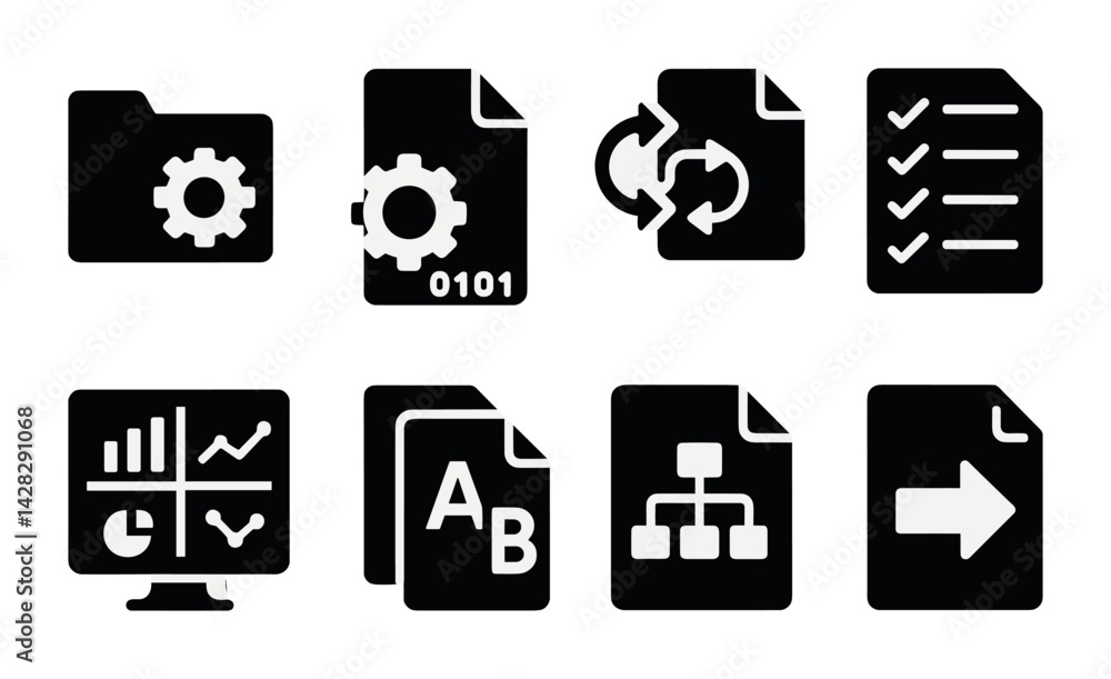Aufkleber data management silhouette icons set – solid style database, workflow, and analytics symbols for eff