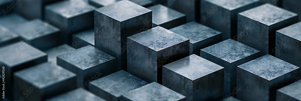 Poster abstract background of metallic cubes. geometric blocks with textured metal surface in cool tones. m