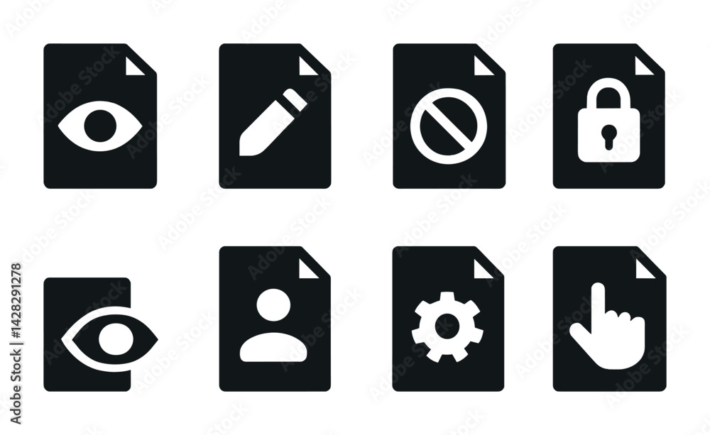 Poster document management silhouette icon set – solid style for file security and editing: view, edit, res