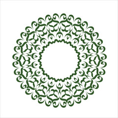 An intricately designed green mandala with repeating floral patterns set against a white background, ideal for decoration, design, and artistic concepts.