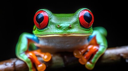 Close-up of a vibrant red-eyed tree frog perched on a branch against a dark background, showcasing its colorful features and intricate textures.