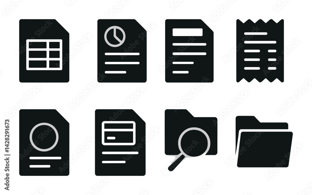 Poster office document management solid icons set – silhouette style for organization and workflow efficien