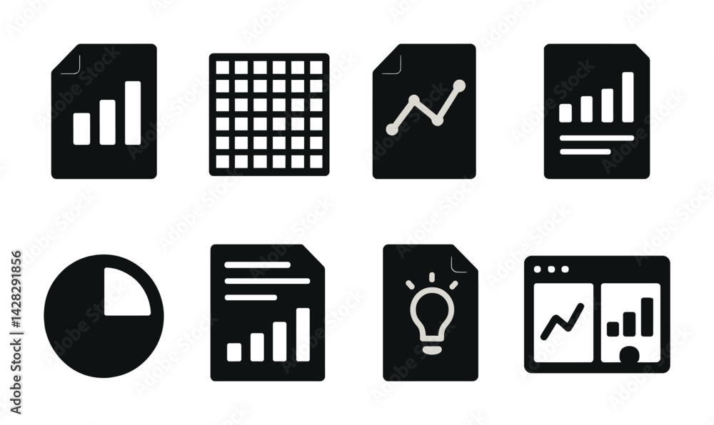 Aufkleber data and analytics solid icon set – filled style for business intelligence and reporting: bar chart,