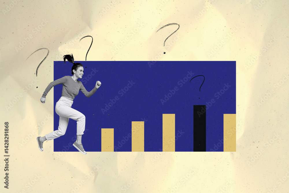 Poster pop trend collage of person run air near graphs geometry square on yellow background