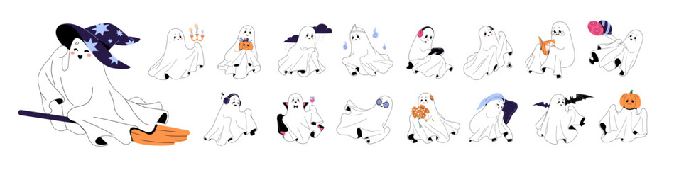 Baby ghosts set. Cute spooks are happy and sad, have fun. Helloween spirits with pumpkin, bat, broom. Scary shadows, spooky characters of Halloween party. Flat isolated vector illustrations on white