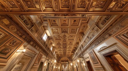 Obraz premium Abstract photorealistic detail of Santa Maria Maggiore's famous gilded coffered ceiling in Rome. Luxurious gold texture and geometric patterns for backgrounds or design focus.