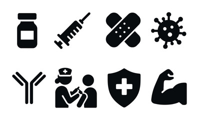 Healthcare and vaccination solid icon set &ndash; silhouette style medical, wellness, and virus symbols for health education: vaccine vial, syringe, bandage, virus, antibody, nurse, shield, muscle.