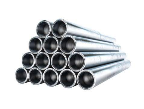 Stack of metal pipes industrial steel tubes shiny surface 3d grey dark on transparent background