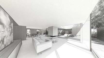 Interior architectural sketch of a modern home's living area.