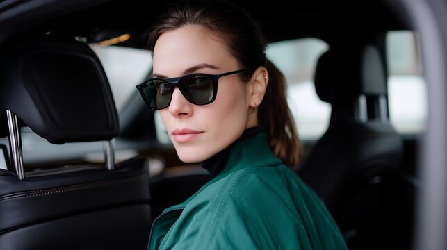 Woman wearing sunglasses sits in a car looking out with a confident expression during a sunny day in an urban setting