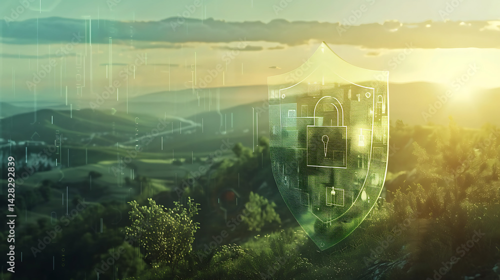 Poster conceptual image combining a scenic landscape with wind turbines and forests overlaid with a glowing