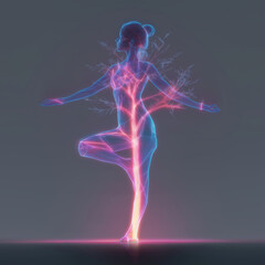 Obraz premium Futuristic Neon Silhouette of a Woman in Tree Pose Yoga with Glowing Magenta and Blue Lines on a Dark Gradient Background — Synthwave Aesthetic