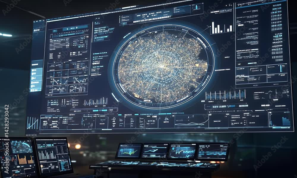 Poster a digital world map with various data points and charts overlaying it, indicating global cyber attac