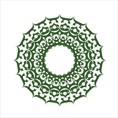 An intricately designed green mandala with repeating floral patterns set against a white background, ideal for decoration, design, and artistic concepts.