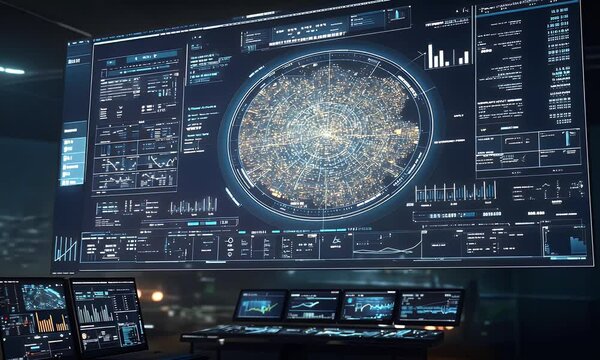 A digital world map with various data points and charts overlaying it, indicating global cyber attack monitoring through AI technology in the style of a science fiction film. The background is dark bl