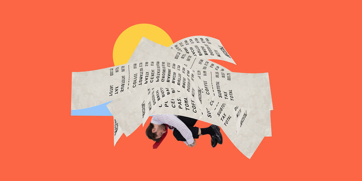 Contemporary art collage. Man curls beneath avalanche of printed receipts, symbolizing overwhelming economic pressure. Concept of cost of living crisis, financial stress, inflation.