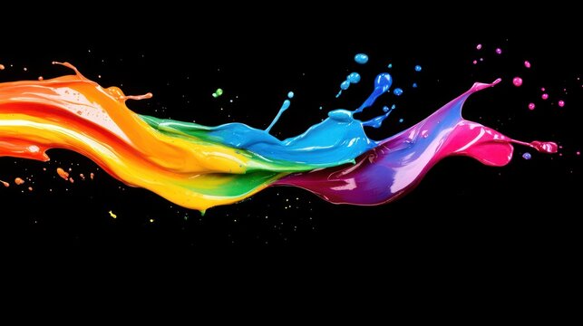 A vibrant splash of rainbow-colored paint against a black background.