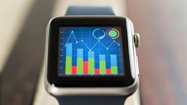 Smartwatch displaying colorful data graphs and metrics on its screen, showcasing technology and analytics.
