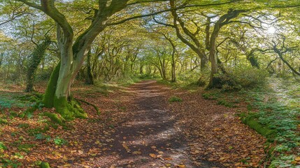 A serene forest path surrounded by trees and autumn leaves.