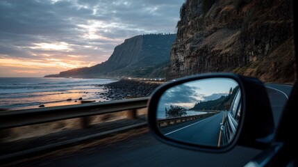 Scenic coastal highway reflected in a car's side mirror at sunset.