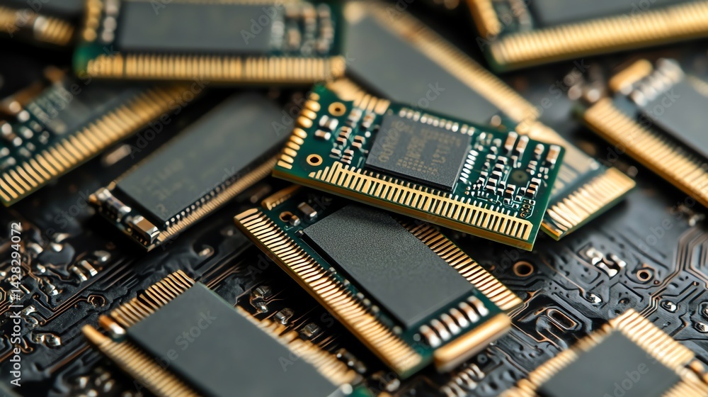 Poster exploring the intricacies of computer chip designs on circuit boards