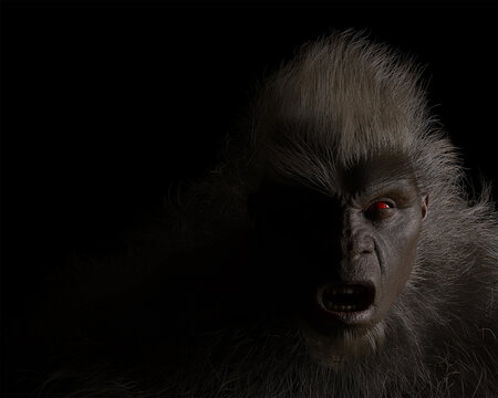 Digital illustration of a Wild Man Bigfoot Sasquatch cryptid in half shadow